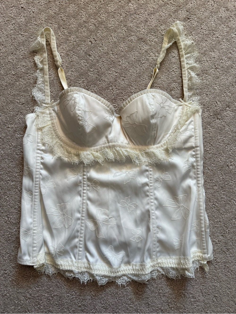 Victoria’s Secret Vintage Cream Lace Bustier Corset Top Bow Print Soft Girl 36B